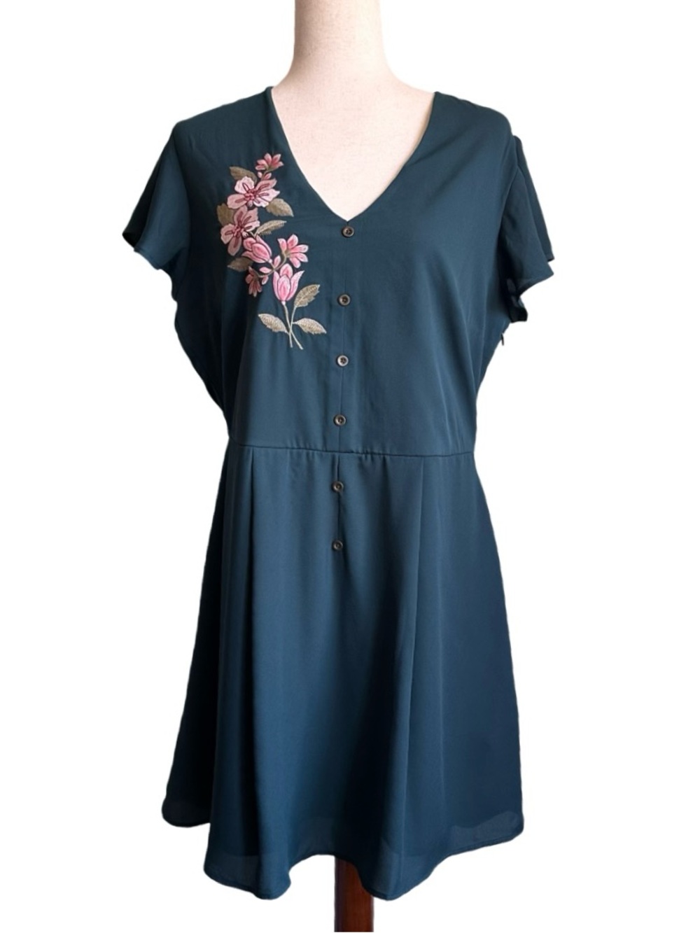 Xhilaration Women's Dark Teal Floral Embroidered Dress Size Large